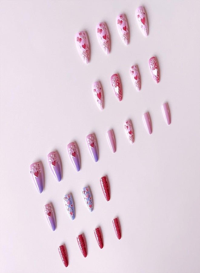 Vopintpy Romantic Valentines Press on Nails Pink Love Heart False Nails Gold Line Design Glue on Nail Glossy Medium Almond Valentines Stick on Nail for Women DIY Manicure - Image 2